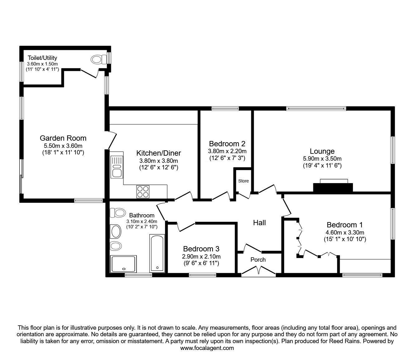 Floorplan of 3 bedroom Detached Bungalow for sale, Blacksmith Lane, Calow, Derbyshire, S44