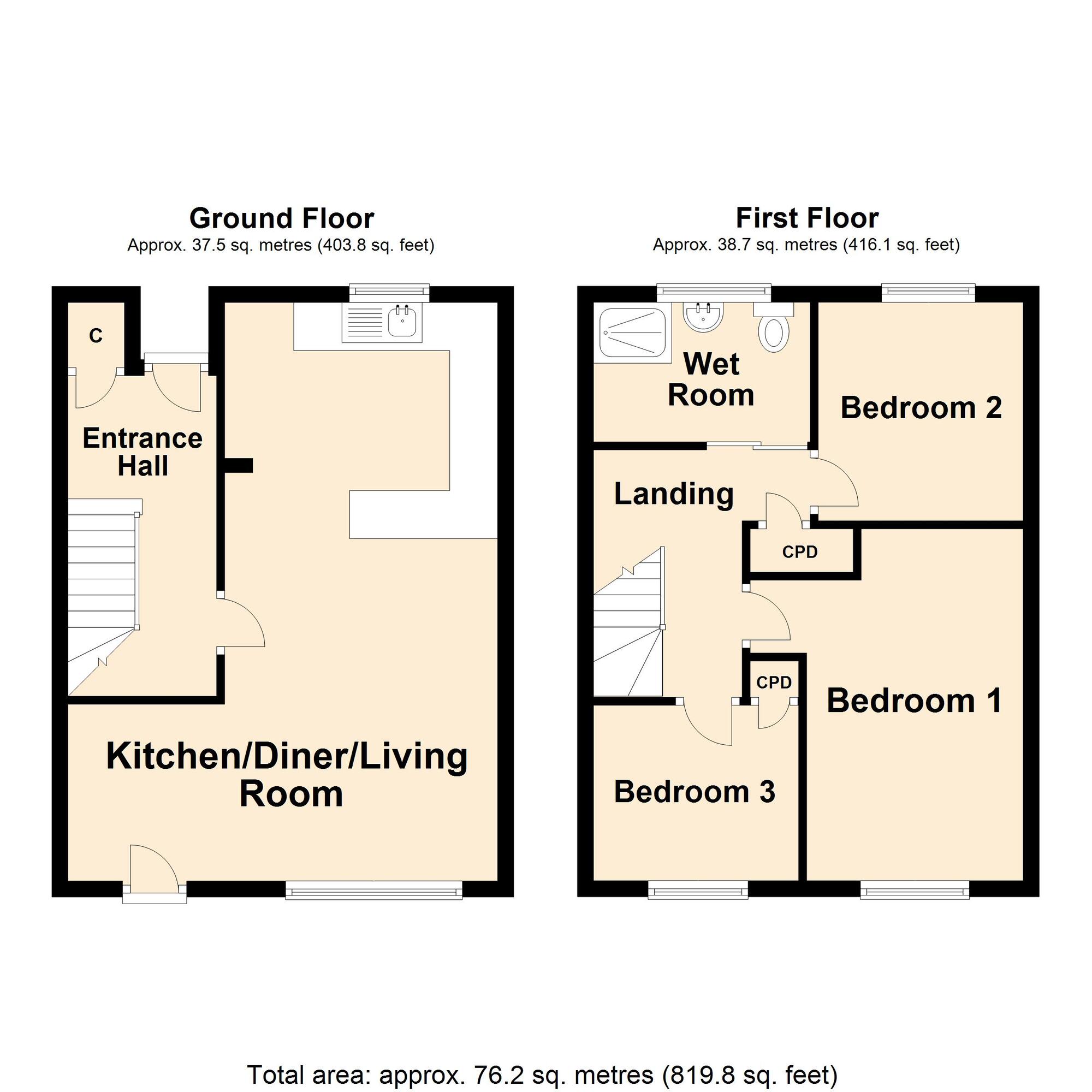 Floorplan of 3 bedroom End Terrace House for sale, Pilgrim Spring, Folkestone, Kent, CT19