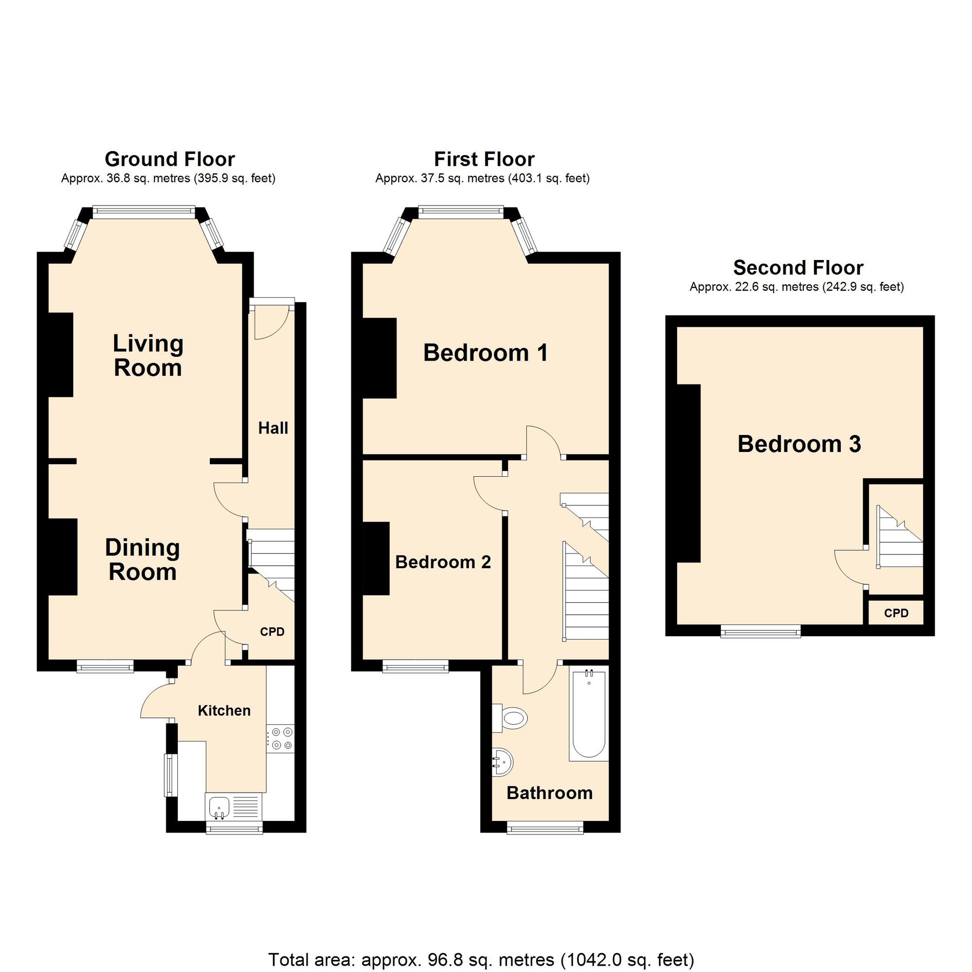 Floorplan of 3 bedroom Mid Terrace House for sale, Thanet Gardens, Folkestone, Kent, CT19