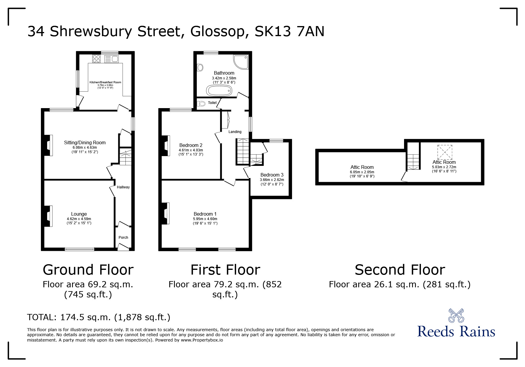 Floorplan of 3 bedroom Mid Terrace House for sale, Shrewsbury Street, Glossop, Derbyshire, SK13